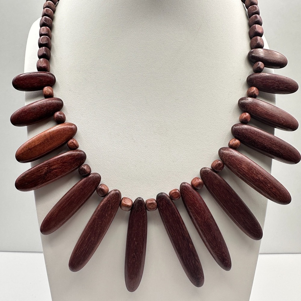 Vintage 90s Wood Spike Boho Tribal Fringe Necklace Jewelry